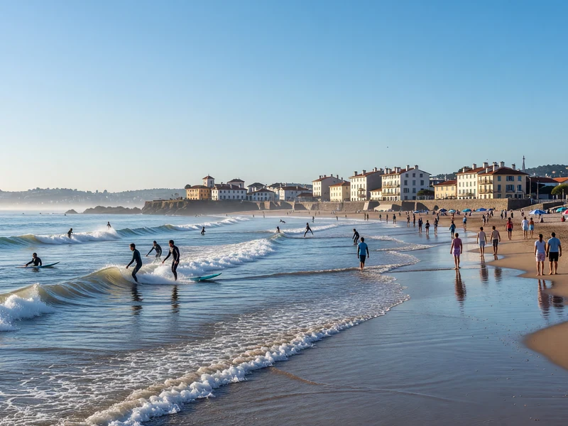 Plage ensoleillée avec vagues et promeneurs illustrant la météo Saint-Jean-de-Luz
