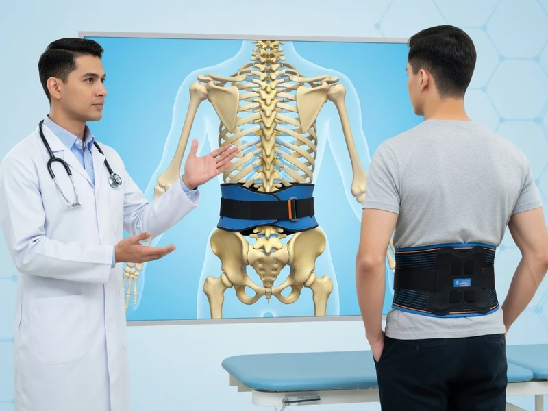 Un docteur consulte un patient portant une ceinture pour les lombaires dans une salle d'examen