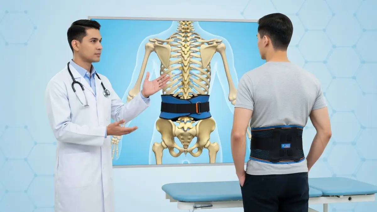 Un docteur consulte un patient portant une ceinture pour les lombaires dans une salle d'examen