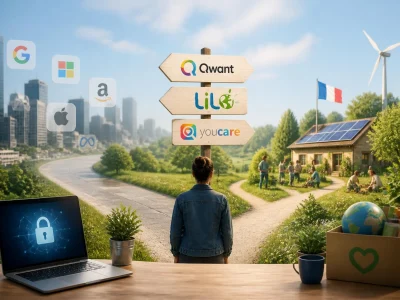 Une personne hésite à un carrefour entre des géants technologiques et des moteurs de recherche français éthiques