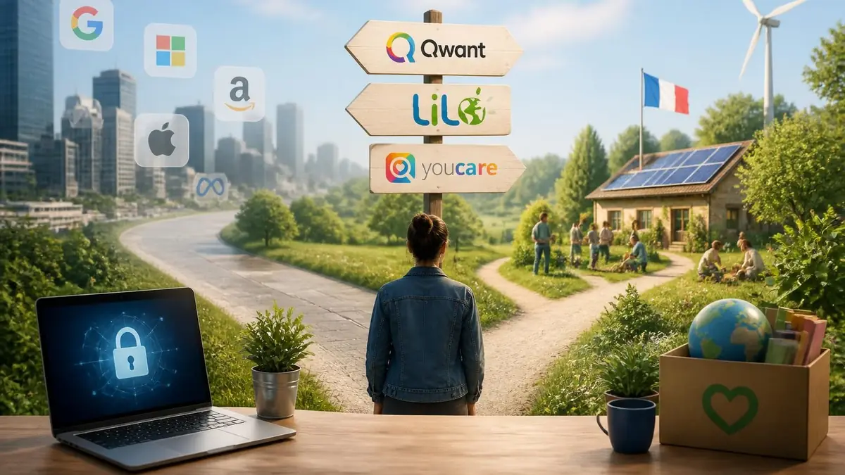 Une personne hésite à un carrefour entre des géants technologiques et des moteurs de recherche français éthiques
