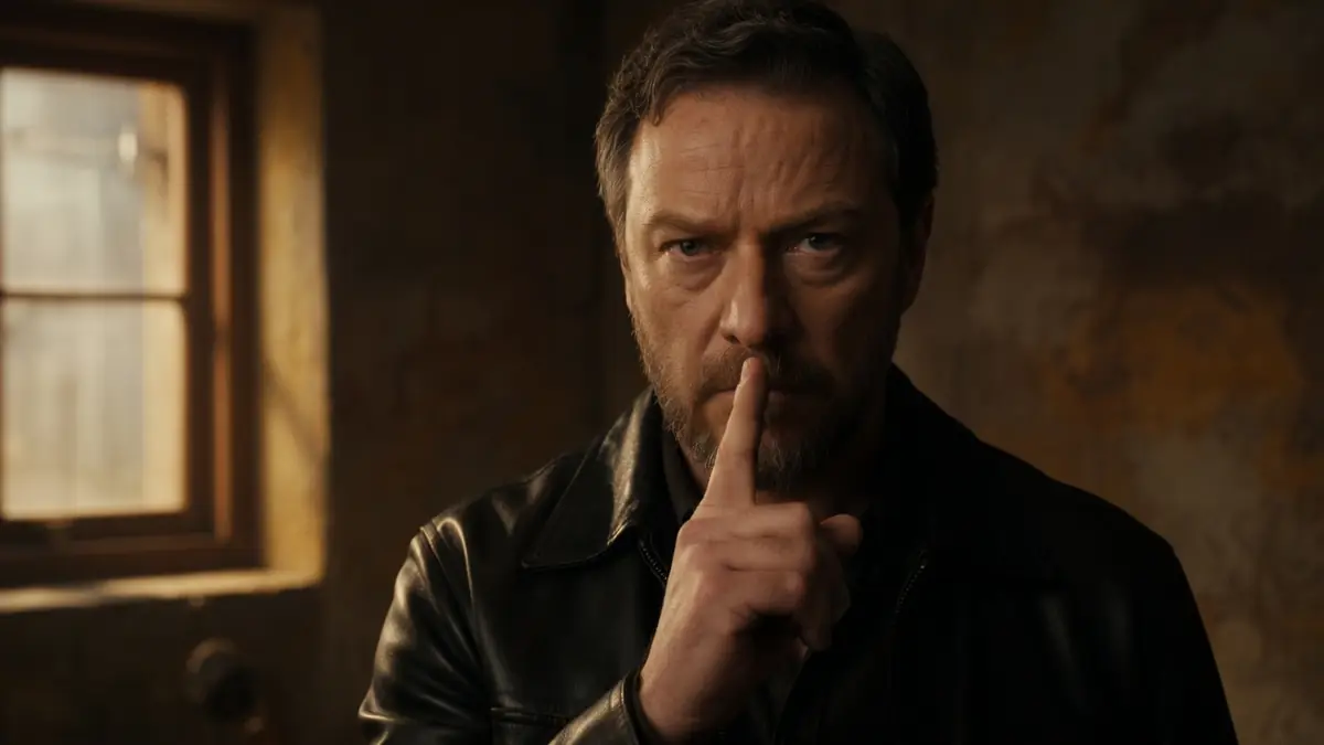 Un homme barbu fait un geste de silence dans une scène sombre du film Speak No Evil