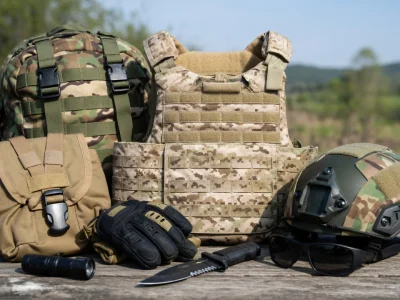 Équipements tactiques militaires incluant gilet pare-balles et casque typiques de Specialty Defense sur une table en bois