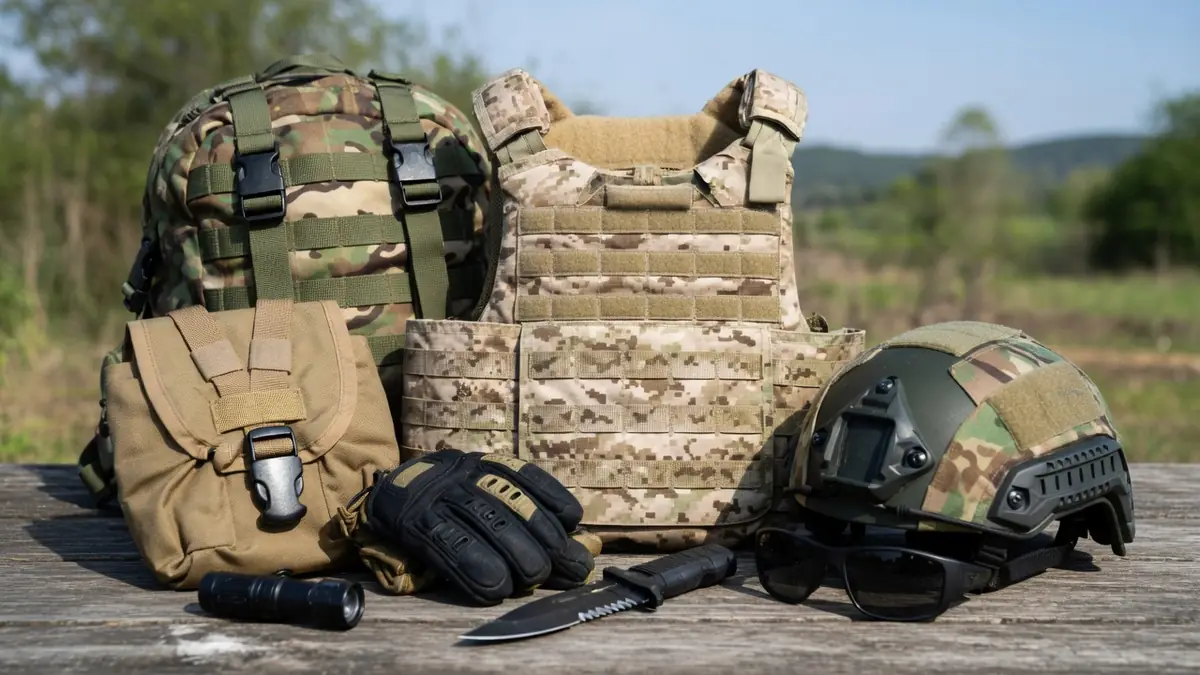 Équipements tactiques militaires incluant gilet pare-balles et casque typiques de Specialty Defense sur une table en bois