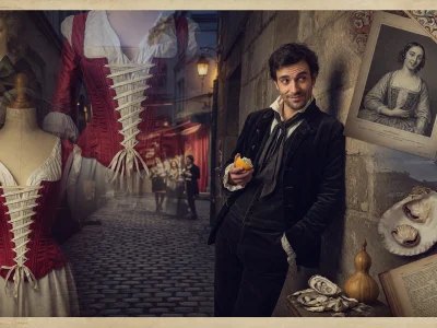 Un collage montre un gourgandin moderne près d'un corset rouge et d'objets anciens