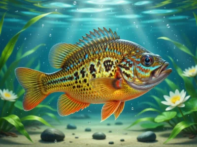Un poisson Soleil coloré aux nageoires orange nage parmi les plantes et fleurs aquatiques