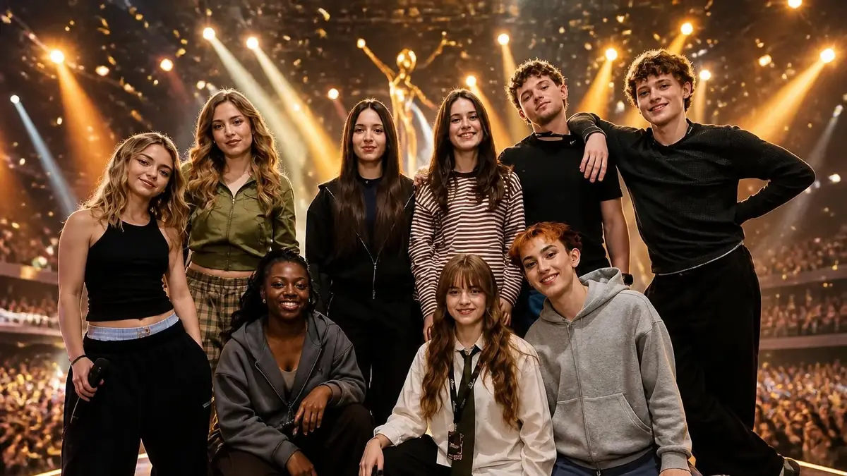 La promotion de la star Ac 2026 pose ensemble sur la scène d'une salle de concert illuminée par des projecteurs