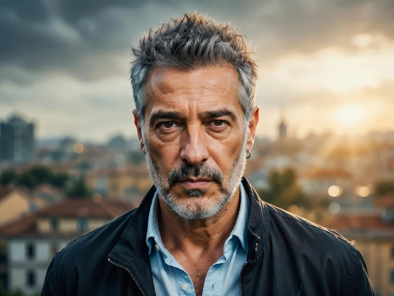 Stéphane Blancafort apparaît en gros plan devant une ville au coucher du soleil