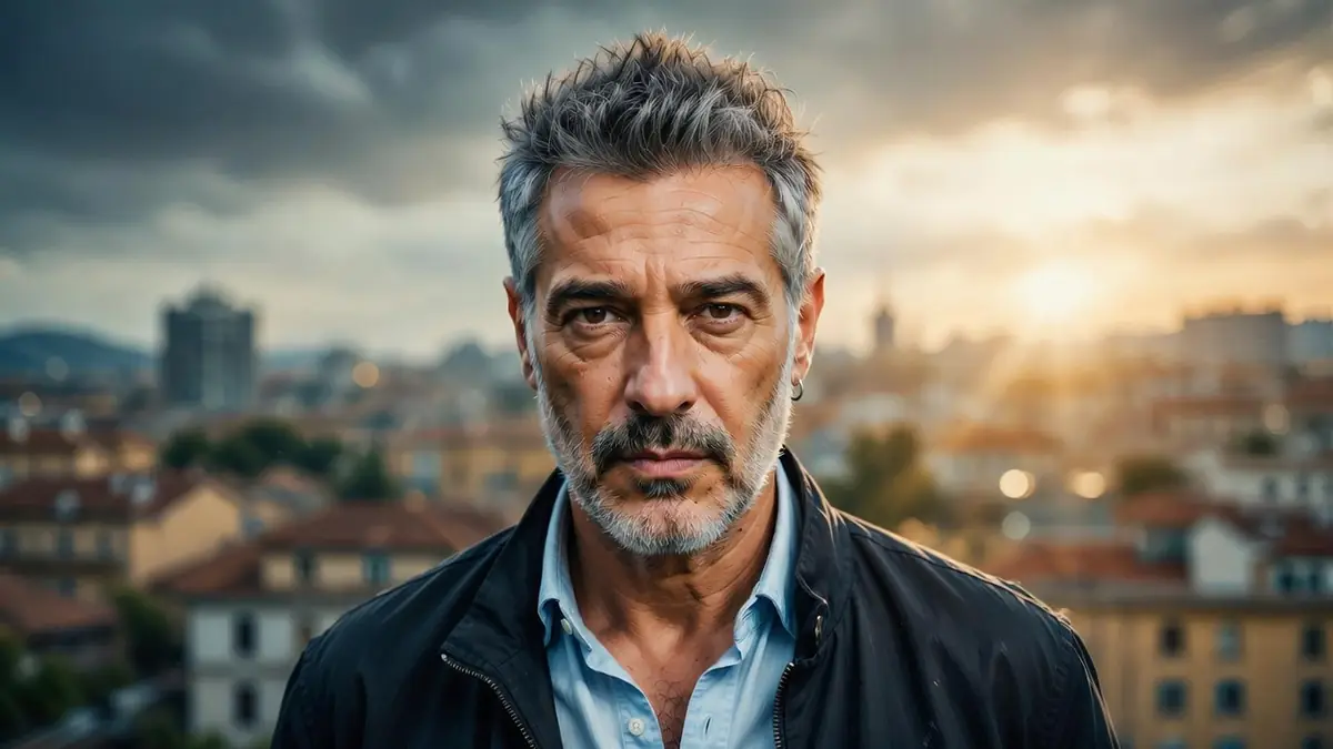 Stéphane Blancafort apparaît en gros plan devant une ville au coucher du soleil