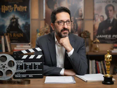 Stéphane Foenkinos est assis à son bureau la main au menton entouré d'accessoires cinématographiques.