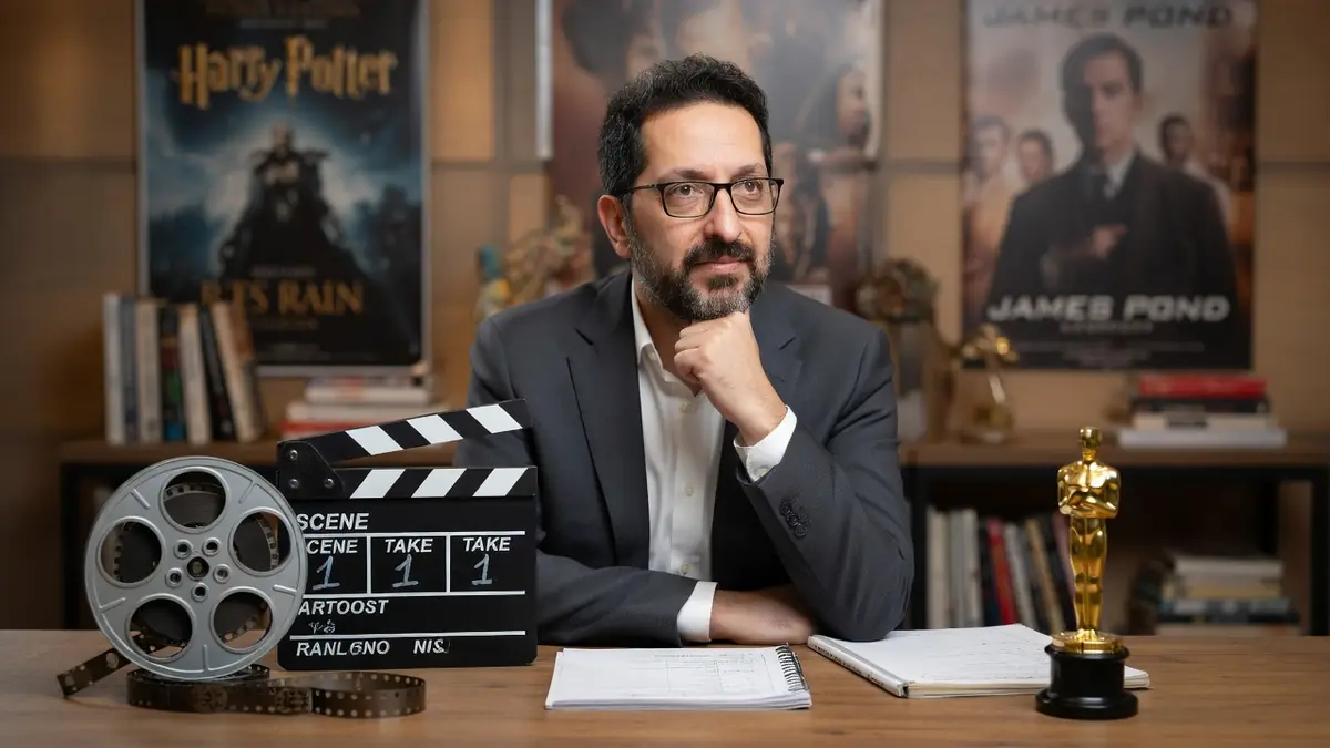 Stéphane Foenkinos est assis à son bureau la main au menton entouré d'accessoires cinématographiques.