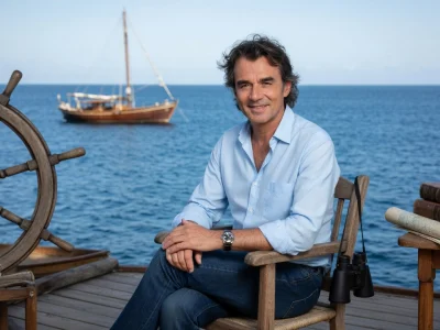 Stéphane Peyron est assis sur une terrasse en bois devant la mer avec un voilier à l'horizon.