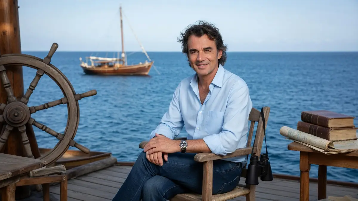 Stéphane Peyron est assis sur une terrasse en bois devant la mer avec un voilier à l'horizon.