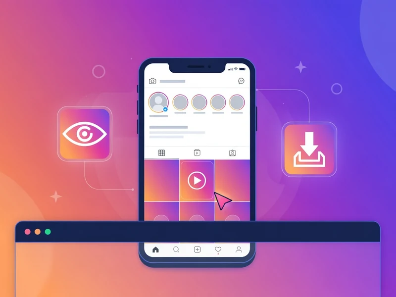 StoriesIG s'affiche sur un smartphone avec icônes œil et téléchargement au-dessus d'un portable