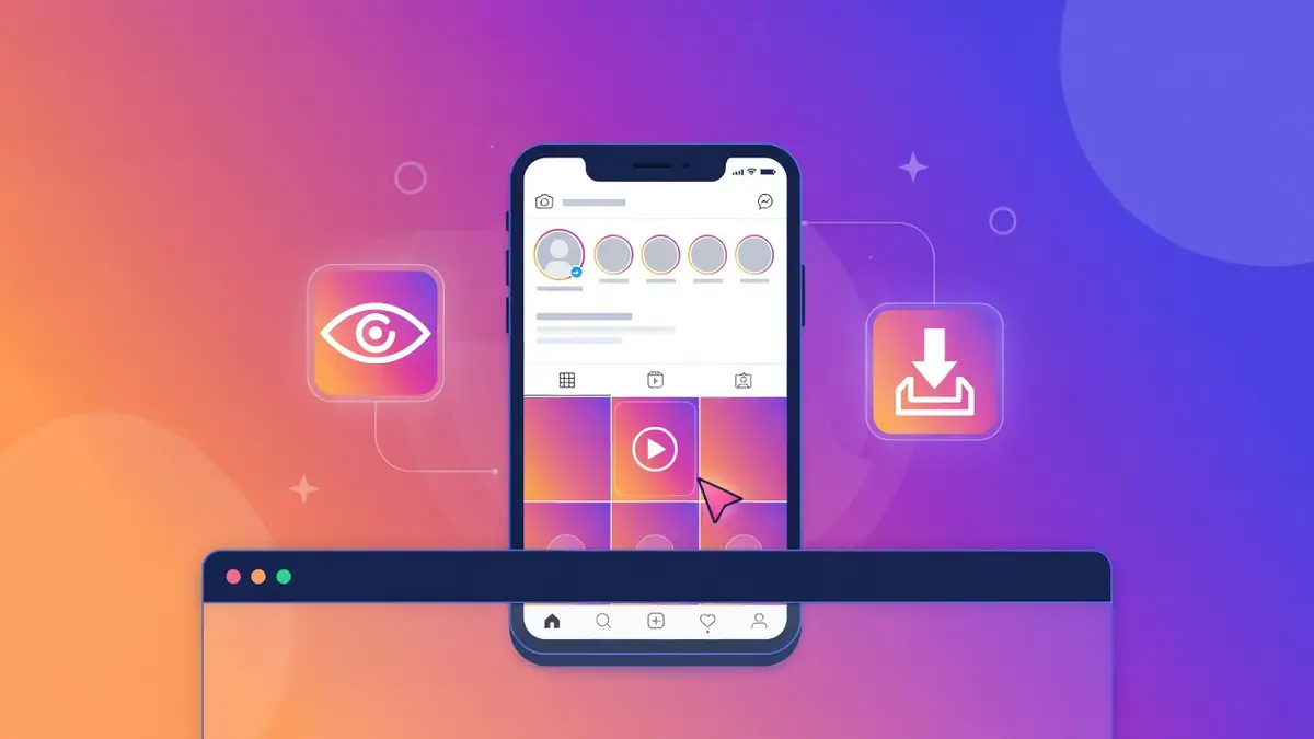 StoriesIG s'affiche sur un smartphone avec icônes œil et téléchargement au-dessus d'un portable