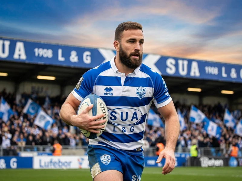 Joueur de rugby agenais portant le ballon sur le terrain avec conviction car Sua vaincra lors de ce match décisif