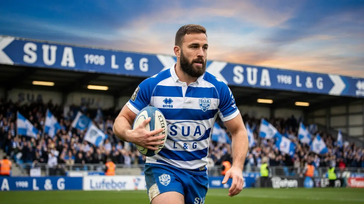 Joueur de rugby agenais portant le ballon sur le terrain avec conviction car Sua vaincra lors de ce match décisif
