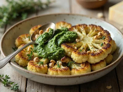 Assiette de chou-fleur recette rôtie nappée de sauce verte et garnie de noisettes