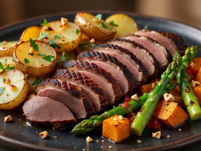 Tranches de magret de canard servies avec pommes de terre et asperges en accompagnement du magret de canard
