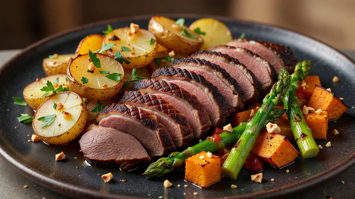 Tranches de magret de canard servies avec pommes de terre et asperges en accompagnement du magret de canard
