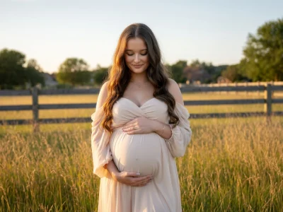 Une femme enceinte les mains sur le ventre dans un champ pour un photographe pour grossesse