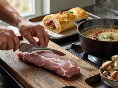 Des mains tranchent un filet mignon sur une planche à découper près d'une casserole et de champignons