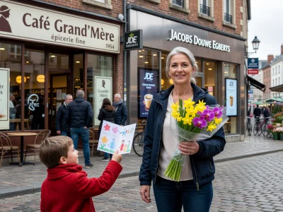 Une femme tenant un bouquet reçoit un dessin d'un enfant pour la fête des Grands-Mères