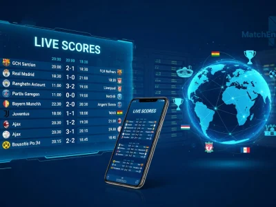 L'image montre un système de suivi du match de foot résultat sur des écrans et un globe interactif