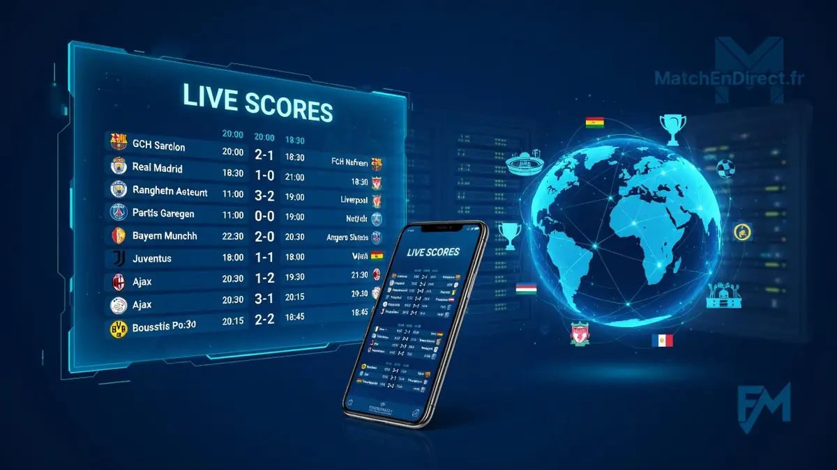 L'image montre un système de suivi du match de foot résultat sur des écrans et un globe interactif