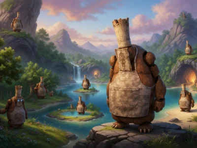 Le Gestral perdu contemple la vallée verdoyante depuis son rocher au milieu de créatures identiques.