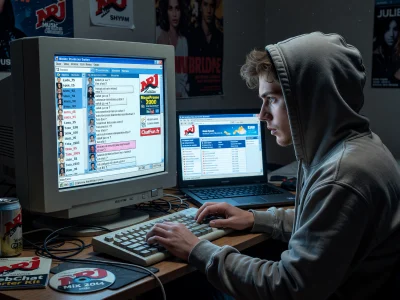 Un jeune homme en hoodie utilise le chat NRJ sur un ordinateur ancien à côté d'un portable moderne