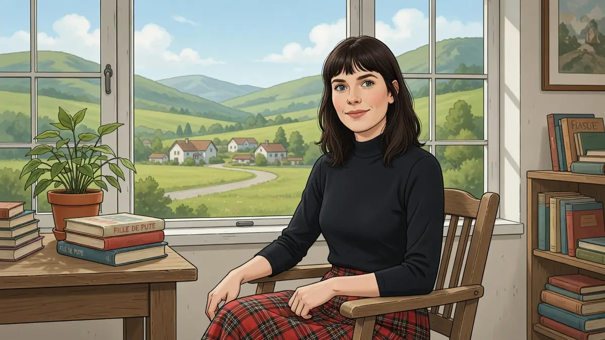 Swann Dupont assise près d'une fenêtre donnant sur un paysage champêtre avec des livres à ses côtés
