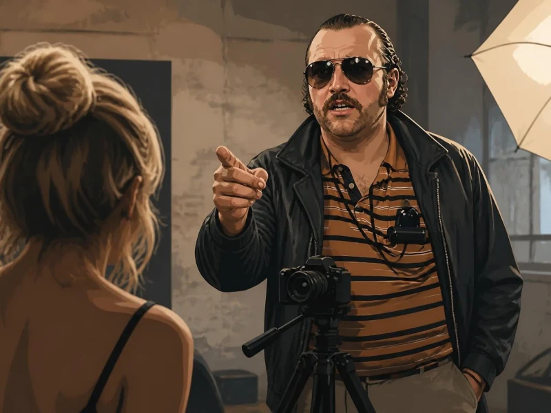 Un photographe avec des lunettes de soleil pointe du doigt son modèle en semblant dire t'es tendu Natacha