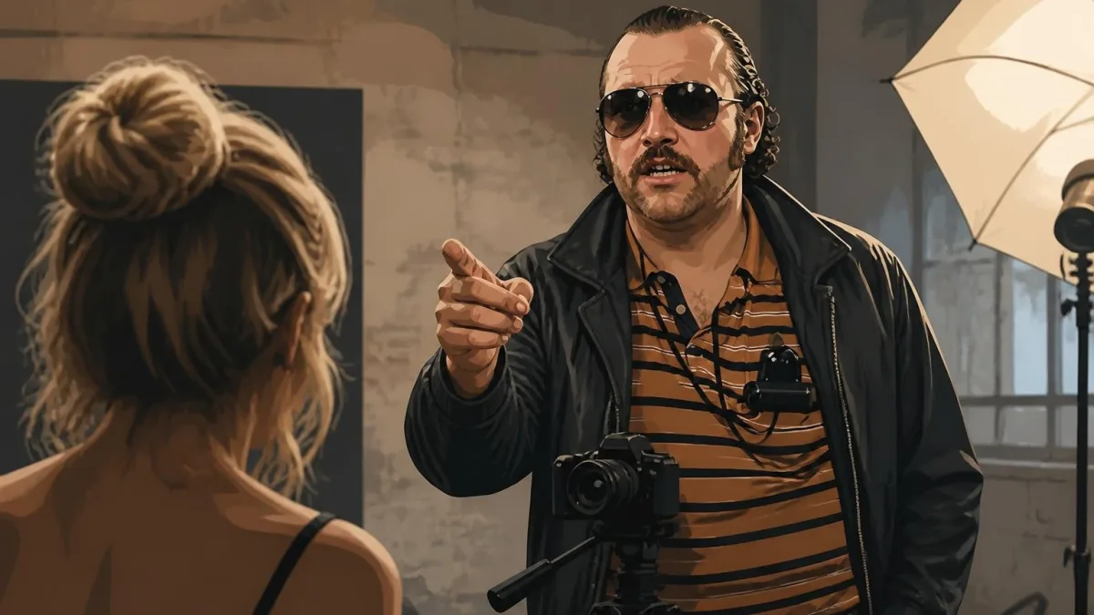 Un photographe avec des lunettes de soleil pointe du doigt son modèle en semblant dire t'es tendu Natacha