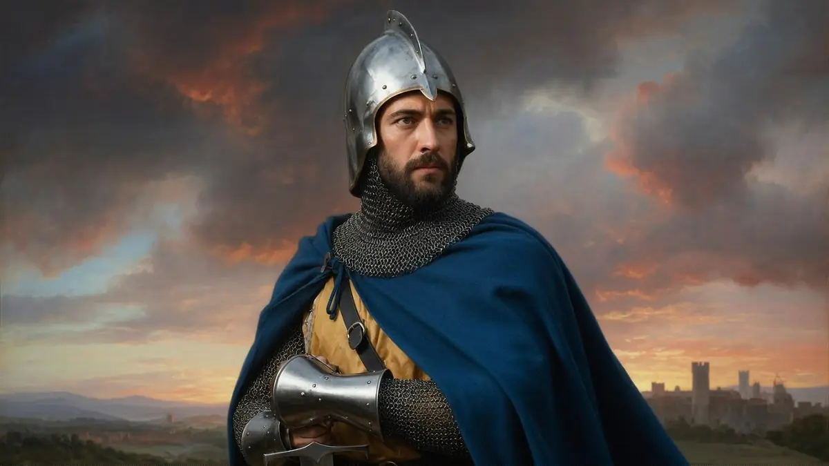 Tancrède se tient en armure de chevalier avec une cape bleue devant un château au crépuscule