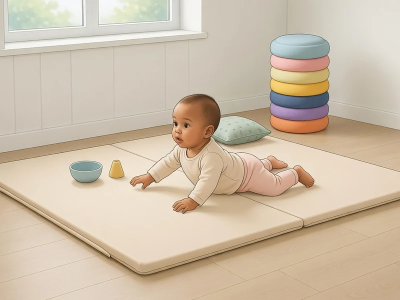 Bébé allongé sur le ventre jouant confortablement sur un tapis de motricité bébé dans une chambre lumineuse