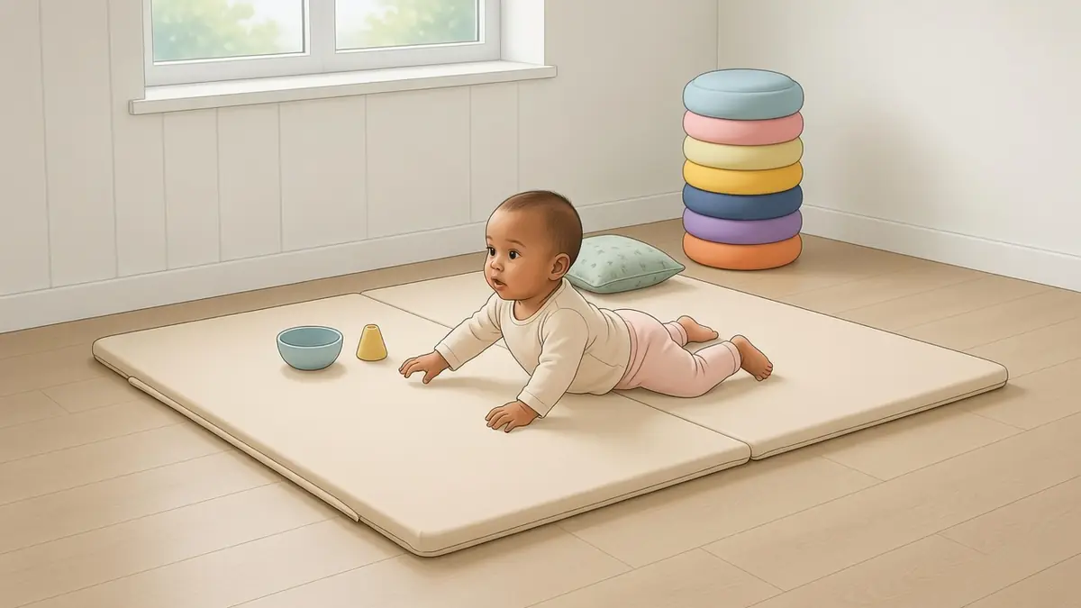 Bébé allongé sur le ventre jouant confortablement sur un tapis de motricité bébé dans une chambre lumineuse
