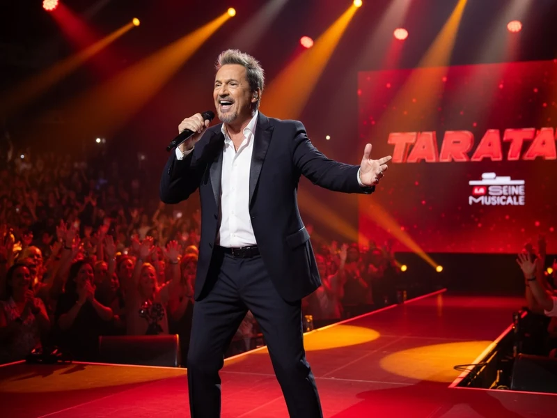 On y voit taratata Florent Pagny chanter sur scène devant un public nombreux sous des projecteurs