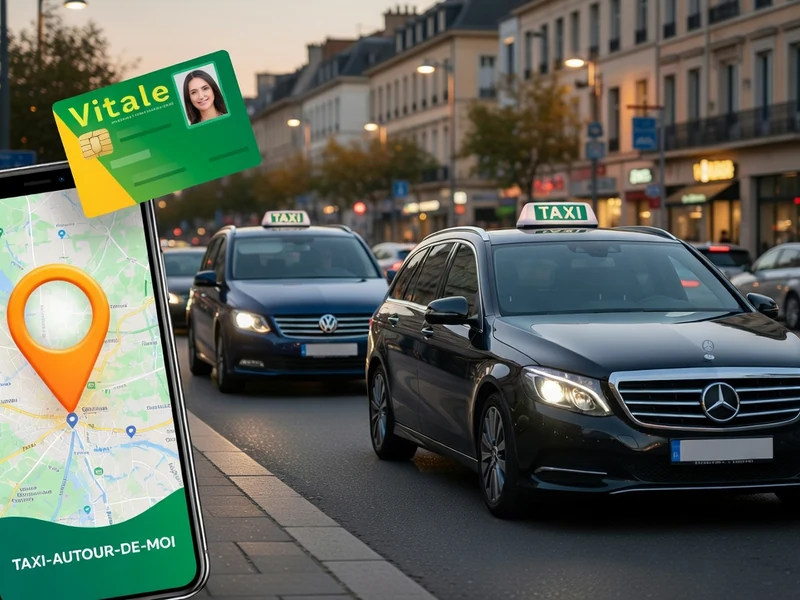 Des taxis roulent sur une avenue bordée de bâtiments tandis qu'un smartphone recherche un taxi autour de moi
