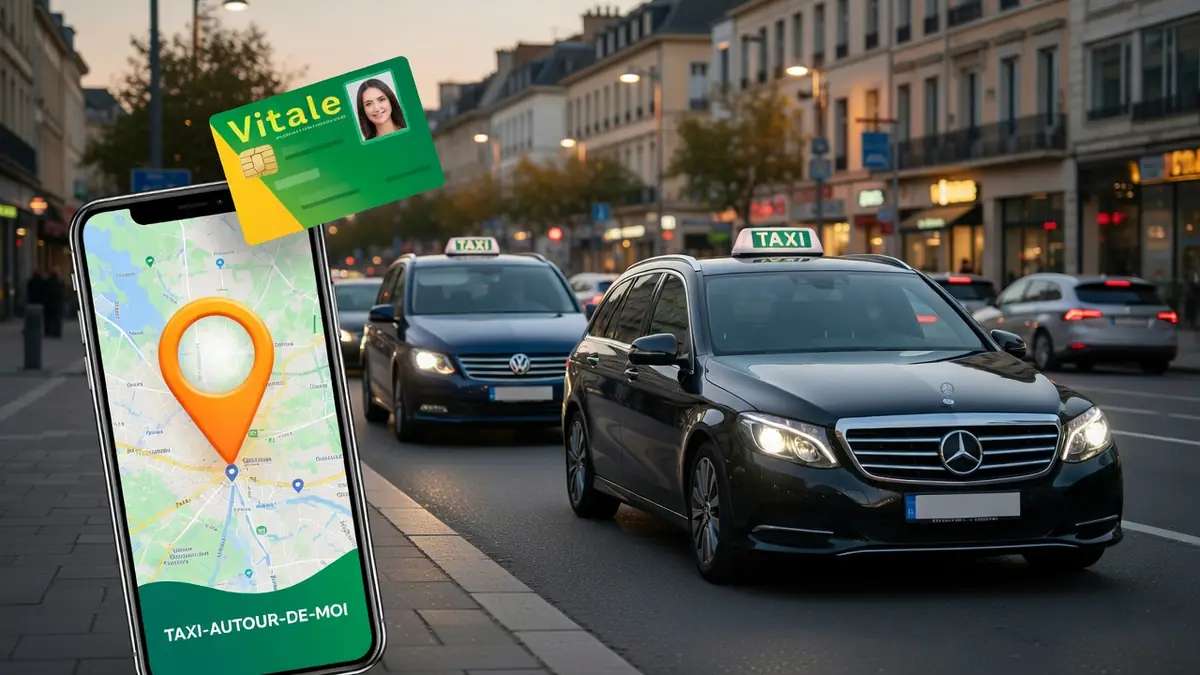 Des taxis roulent sur une avenue bordée de bâtiments tandis qu'un smartphone recherche un taxi autour de moi