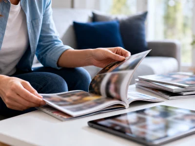 Une lectrice compare une souscription Télé 7 Jours dans un salon lumineux.