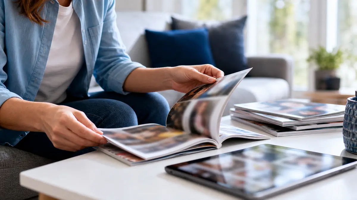 Une lectrice compare une souscription Télé 7 Jours dans un salon lumineux.