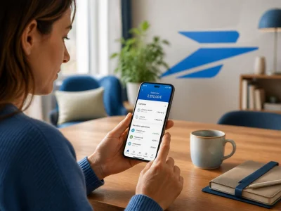 Une femme consulte ses comptes sur son smartphone après le téléchargement La Banque Postale