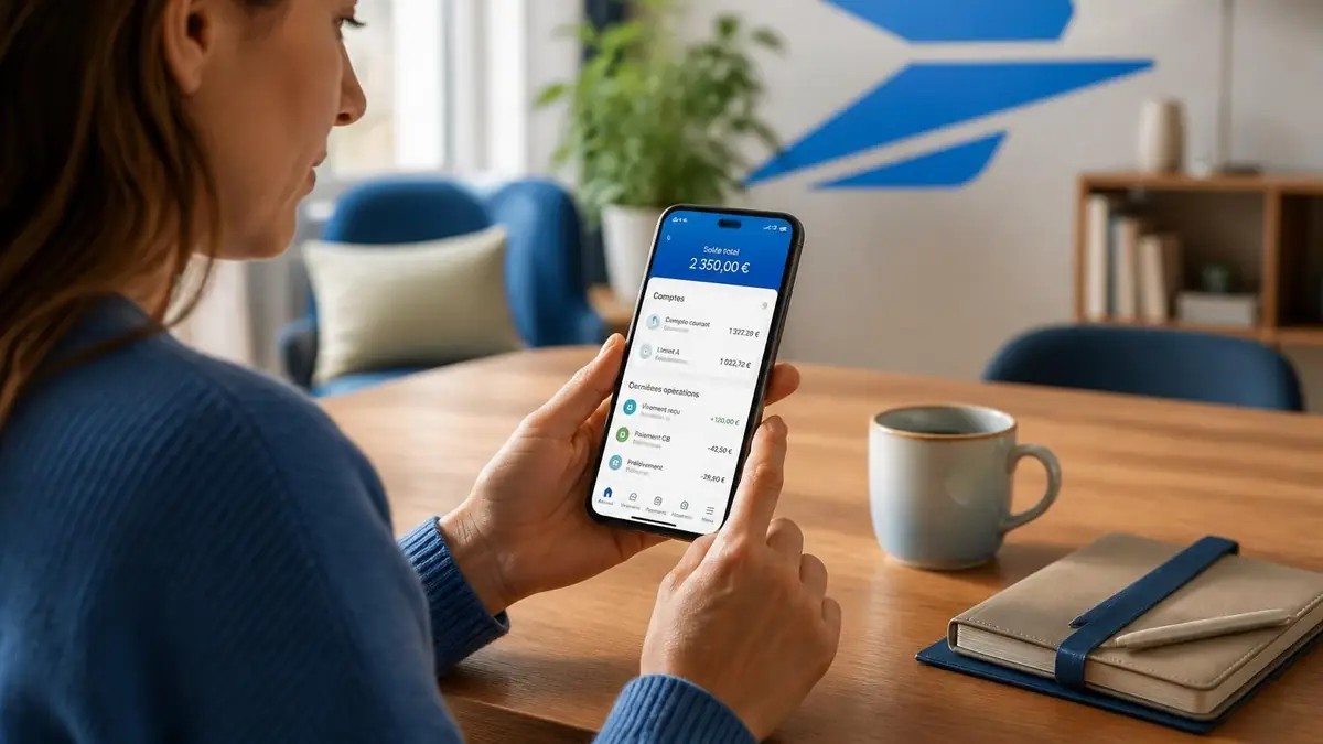 Une femme consulte ses comptes sur son smartphone après le téléchargement La Banque Postale