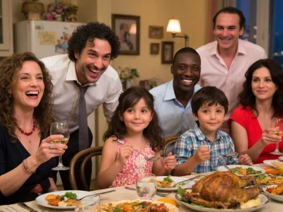 Une famille et des amis qui semblent tellement proches partagent un joyeux dîner autour d'une table bien garnie