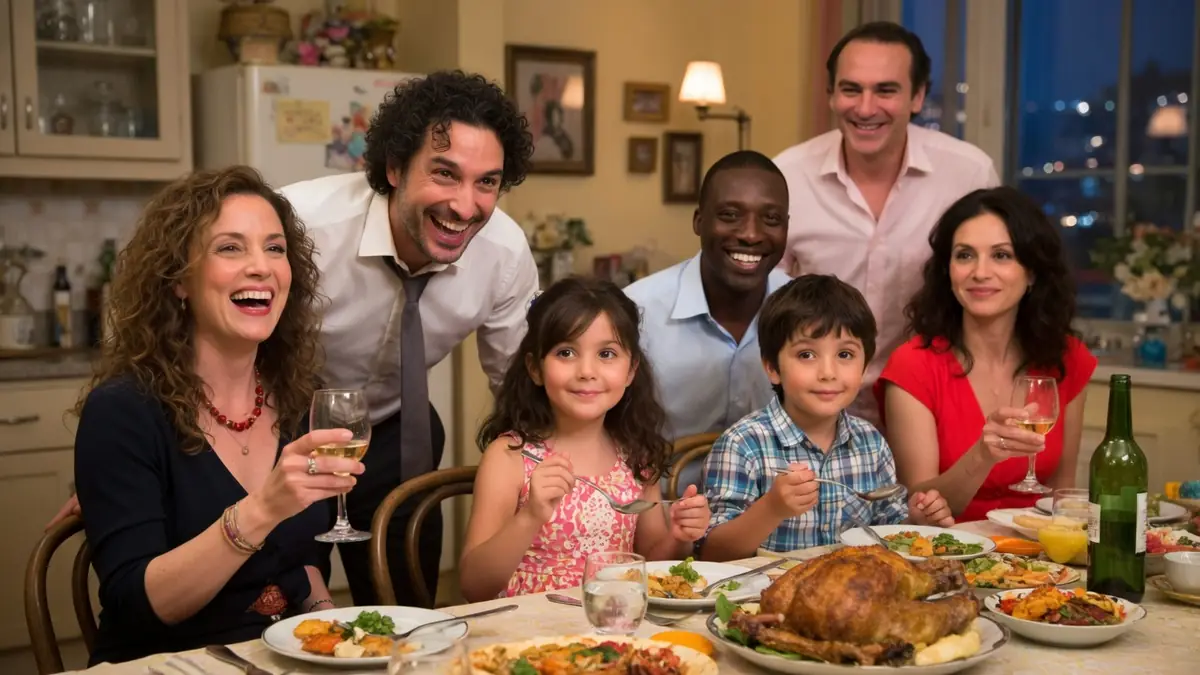Une famille et des amis qui semblent tellement proches partagent un joyeux dîner autour d'une table bien garnie