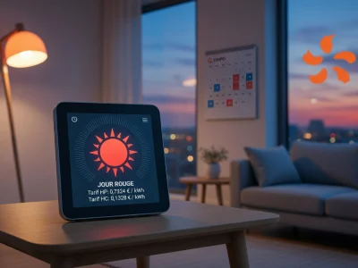 Un boîtier connecté affiche le tempo Edf La Couleur du jour sur une table dans un salon moderne