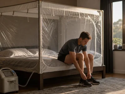 Un sportif se prépare devant une tente hypoxique installée dans sa chambre.