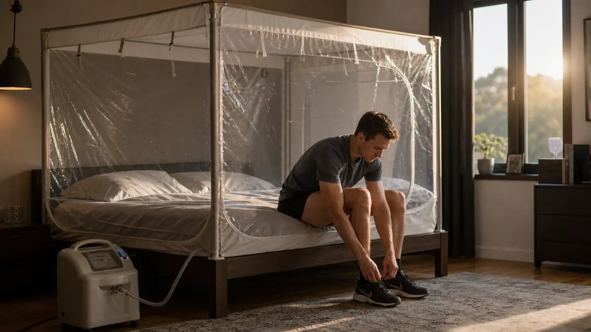 Un sportif se prépare devant une tente hypoxique installée dans sa chambre.