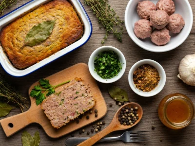 Vue de dessus d'une terrine de campagne à l'ancienne recette facile et de ses ingrédients sur une table en bois